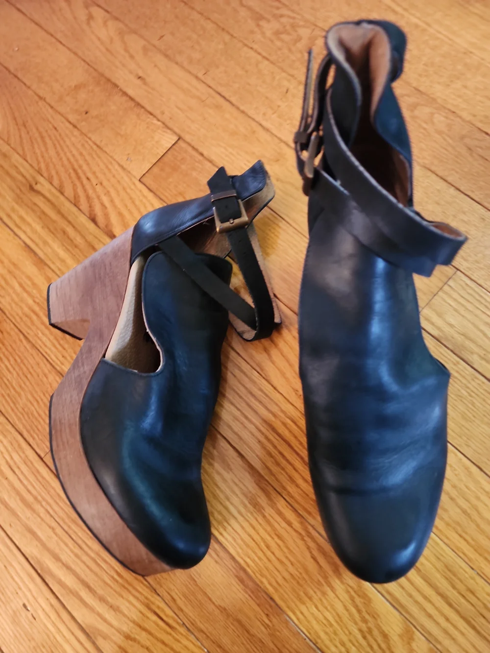 Free People Black Cedar Leather Cutout Platform Pumps with Brown Wood Heel